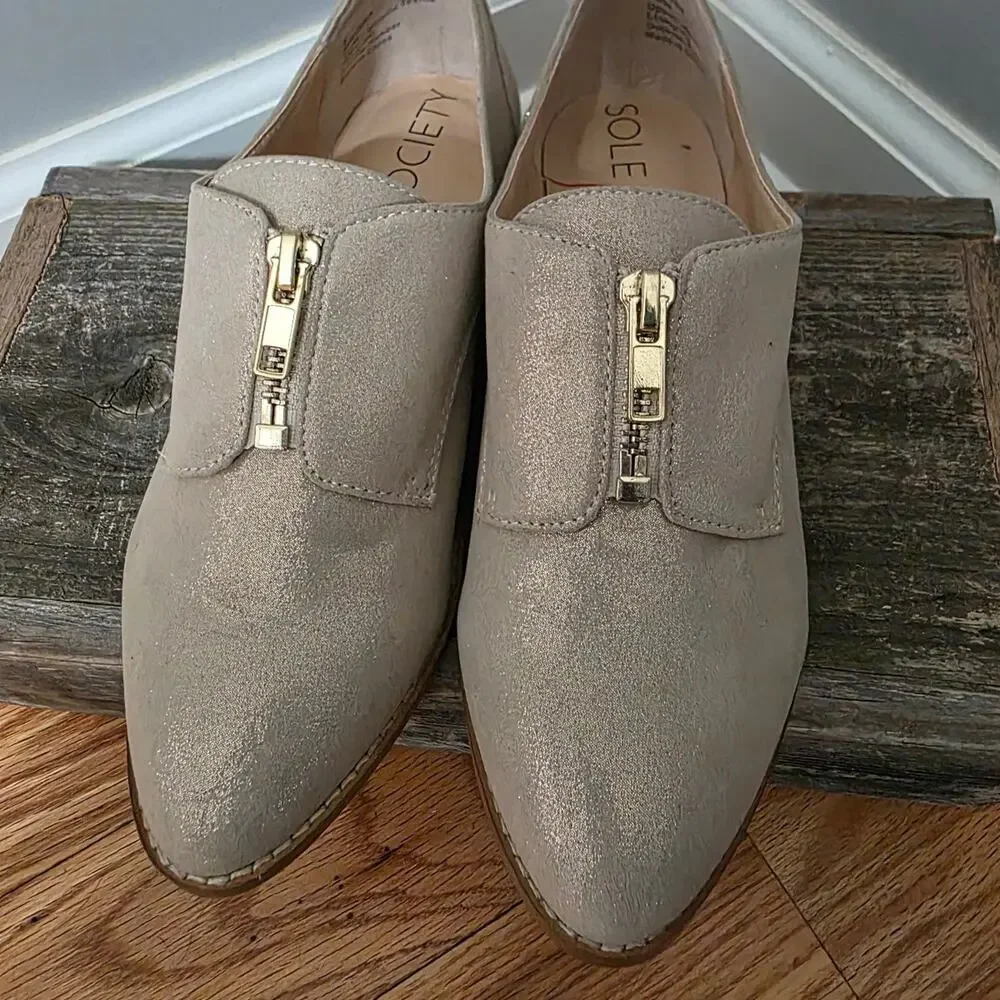 Sole Society Nirvana Nude Metallic Zip Flats Loafers Womens Size 6